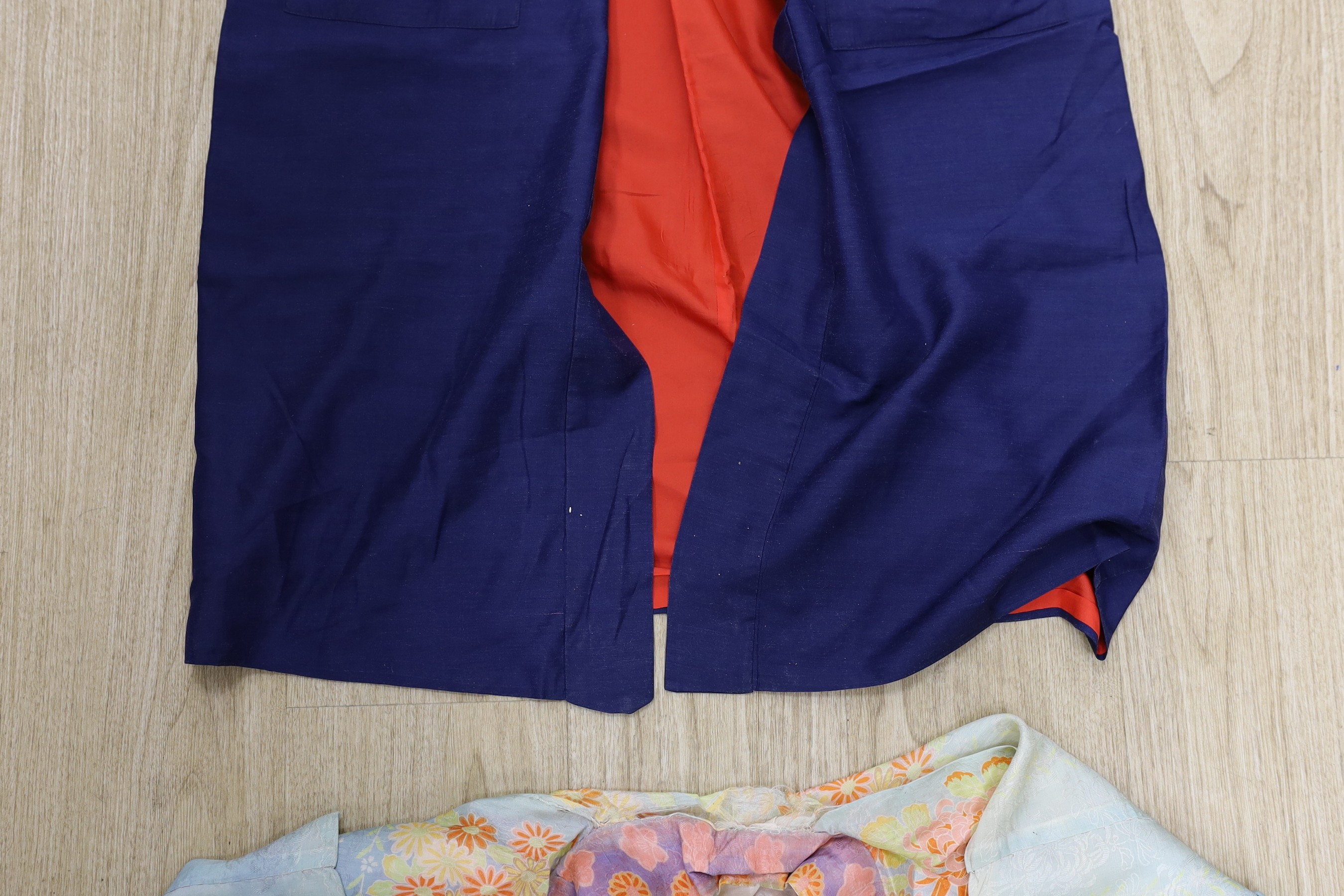 A Japanese navy blue silk kimono and another multi coloured silk ,patterned kimono from the 1930’s